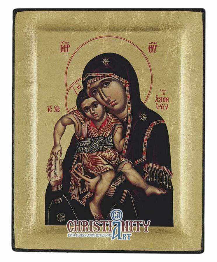 Virgin Mary Axion Esti - Engraved wooden image on canvas with golden background - Mount Athos — Paintings from Christianity Art