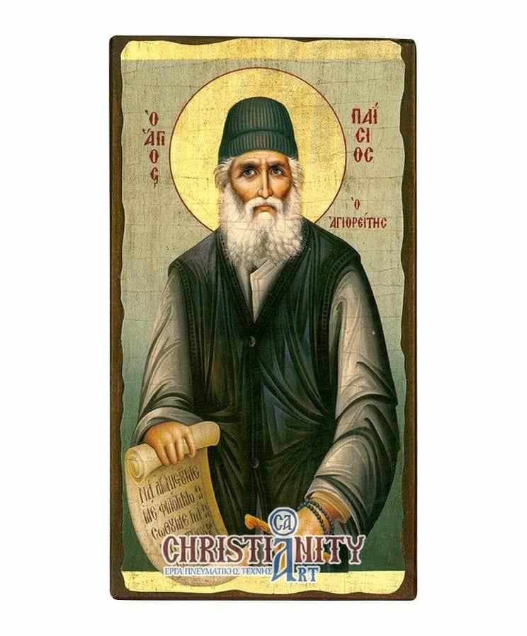 Saint Paisios - Wooden aged image on canvas with golden background - Mount Athos — Paintings from Christianity Art