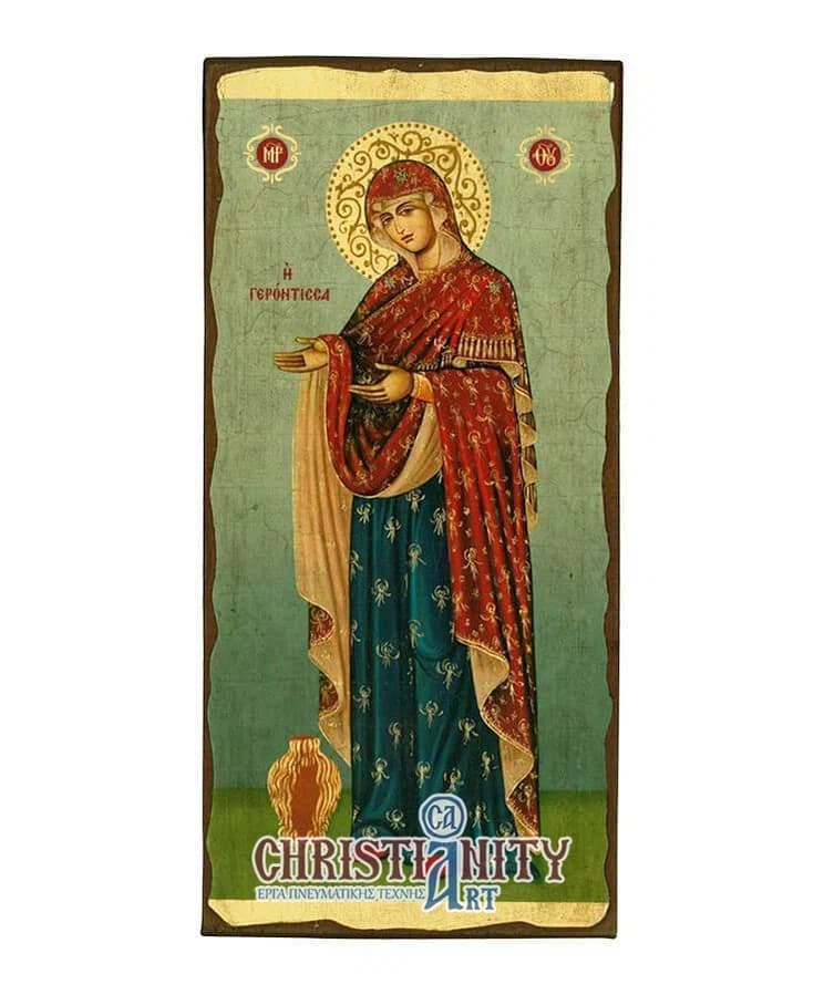 Virgin Mary Gerontissa - Wooden aged image on canvas with golden background - Mount Athos — Paintings from Christianity Art