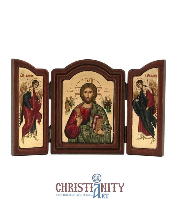 Christ Almighty - Old wooden icon triptych on canvas with golden background - Mount Athos — Paintings from Christianity Art