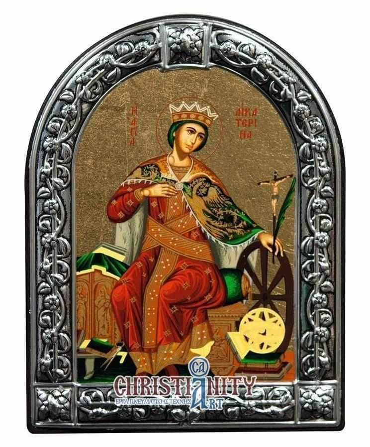 Saint Catherine - Image in wood with an indelible metal frame - Mount Athos — Wall reliefs from Christianity Art