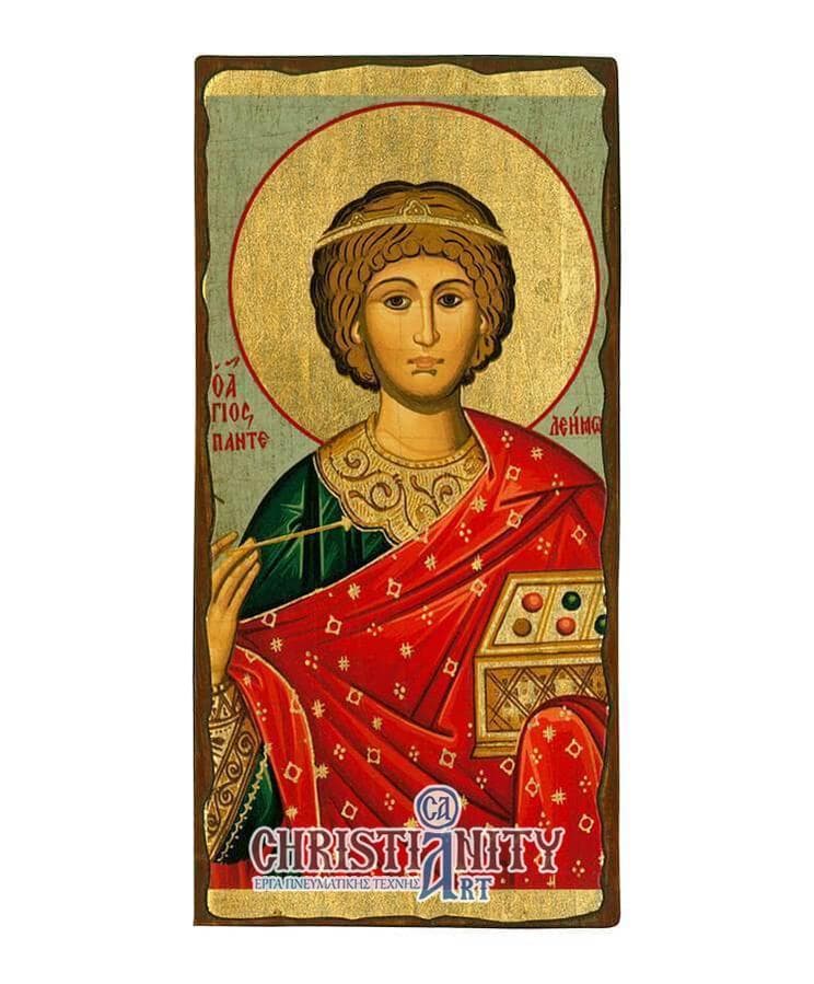 Saint Panteleimon - Wooden aged image on canvas with golden background - Mount Athos — Paintings from Christianity Art