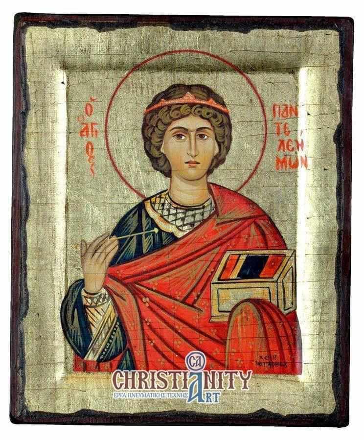 Saint Panteleimons - Handmade icon of hagiography on aged wood - Mount Athos — Paintings from Christianity Art