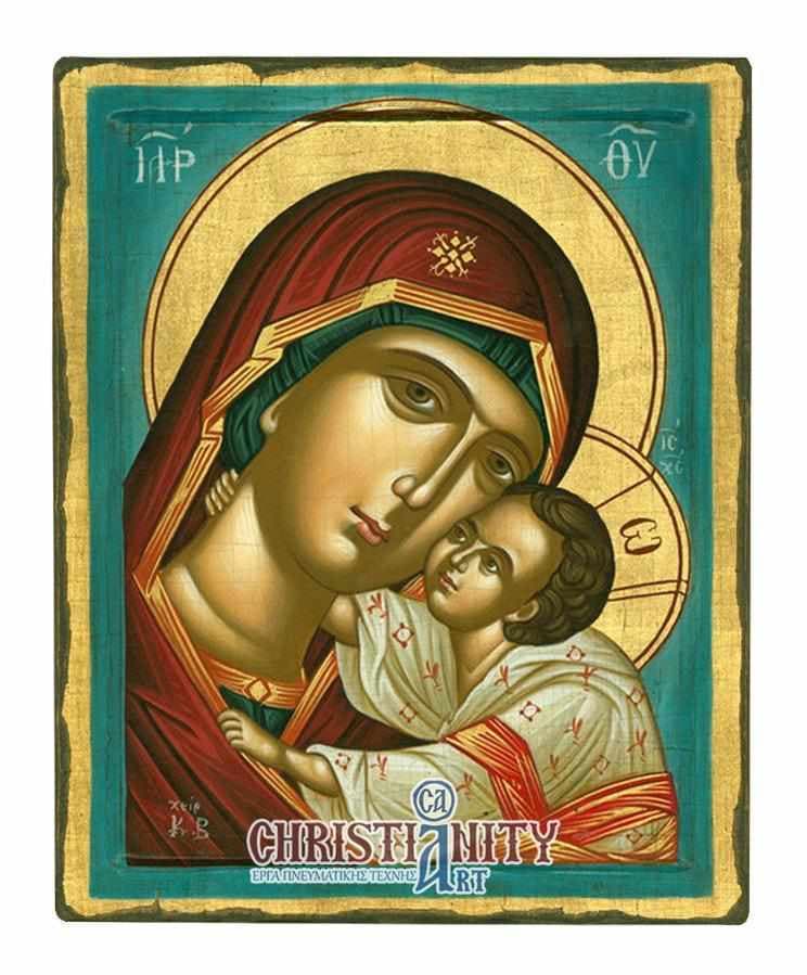 Virgin Mary Glykissousa - 100% handmade wooden image on canvas with golden background - Mount Athos — Paintings from Christianity Art