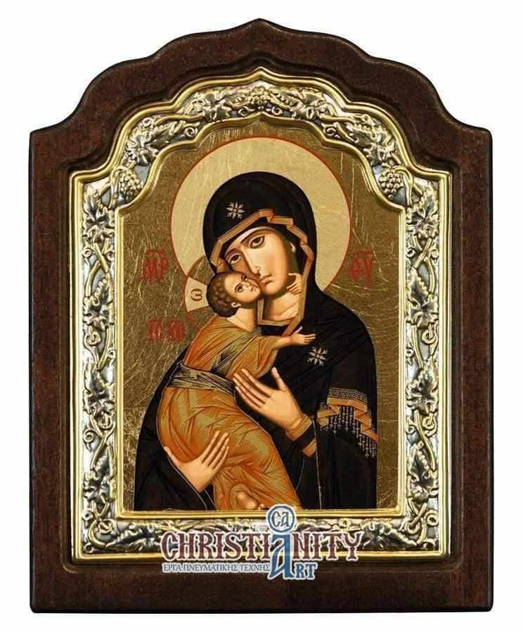 Virgin Mary Vladimir - Silver image in wood, locally gilded - Mount Athos — Wall reliefs from Christianity Art