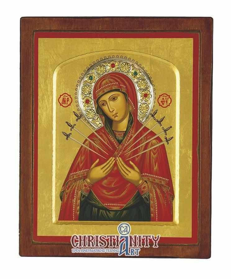 Virgin Mary with 7 Swords - Engraved wooden image with silver halo - Mount Athos — Paintings from Christianity Art
