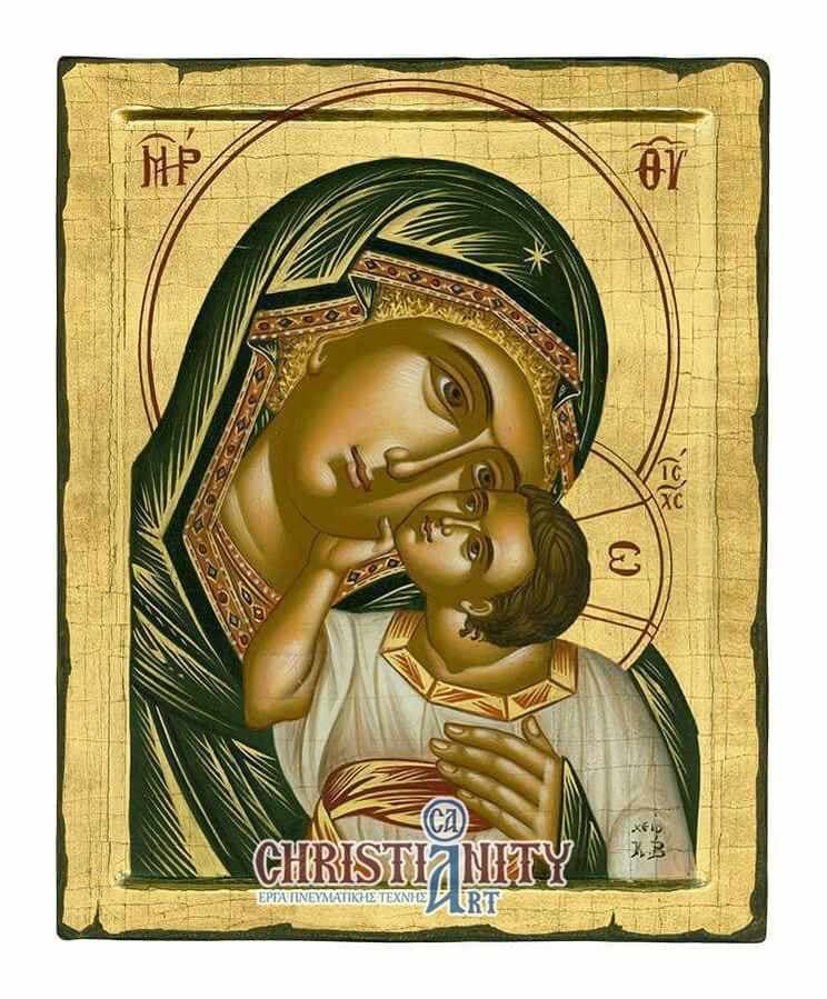Virgin Mary and Baby - 100% handmade wooden image on canvas with golden background - Mount Athos β Paintings from Christianity Art