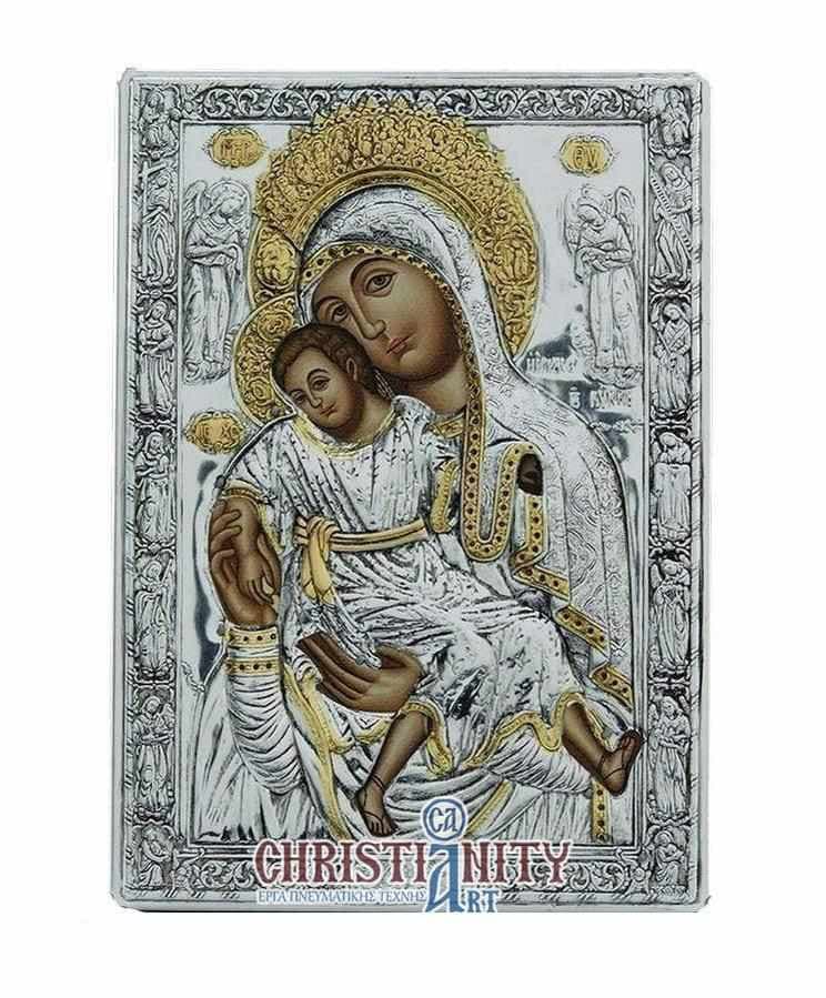 Virgin Mary Theotokos Elousa - Silver image on wood, locally gilded - Mount Athos — Wall reliefs from Christianity Art