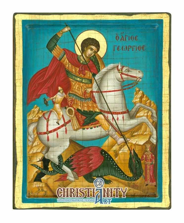 Saint George - 100% handmade wooden picture on canvas with gold background - Mount Athos — Paintings from Christianity Art