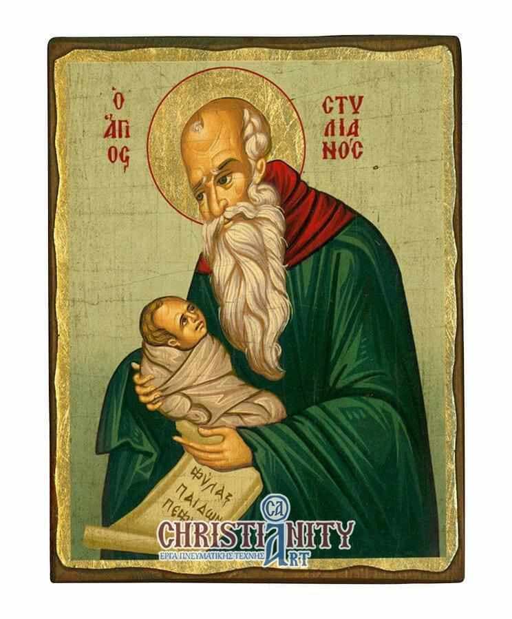 Saint Stylianos - Wooden aged image on canvas with golden background - Mount Athos — Paintings from Christianity Art