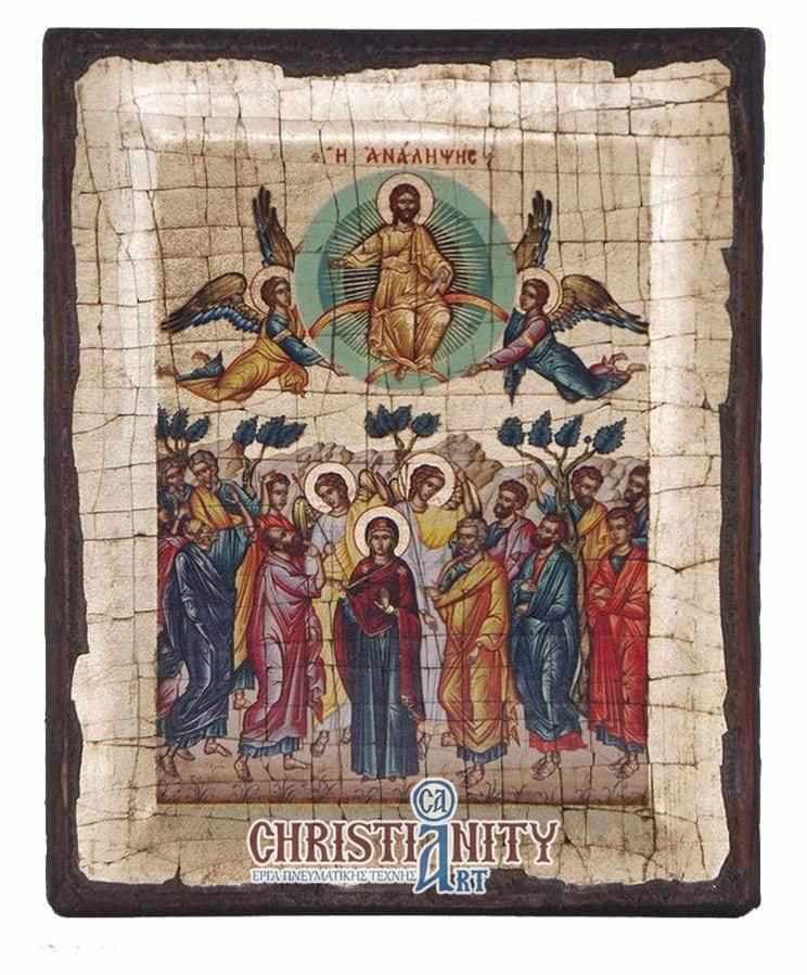 The Ascension - Engraved wooden aged image on canvas with golden background - Mount Athos — Paintings from Christianity Art