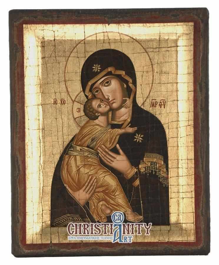 Virgin Mary Vladimir - Engraved wooden aged image on canvas with golden background - Mount Athos — Paintings from Christianity Art