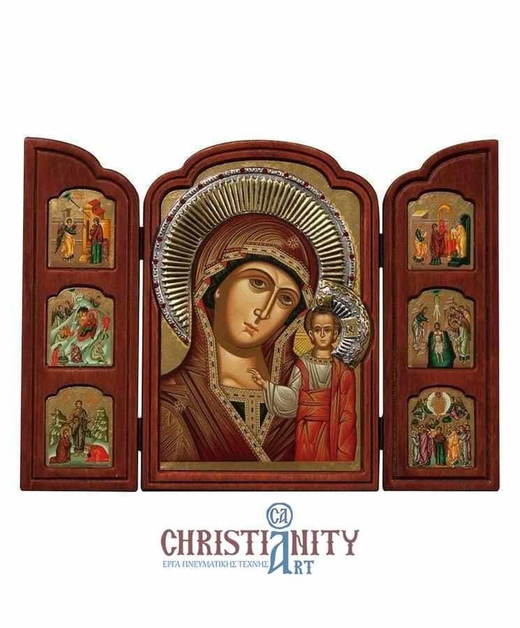 Our Lady of Kazan - Old wooden icon triptych with silver halo locally gilded - Mount Athos — Paintings from Christianity Art