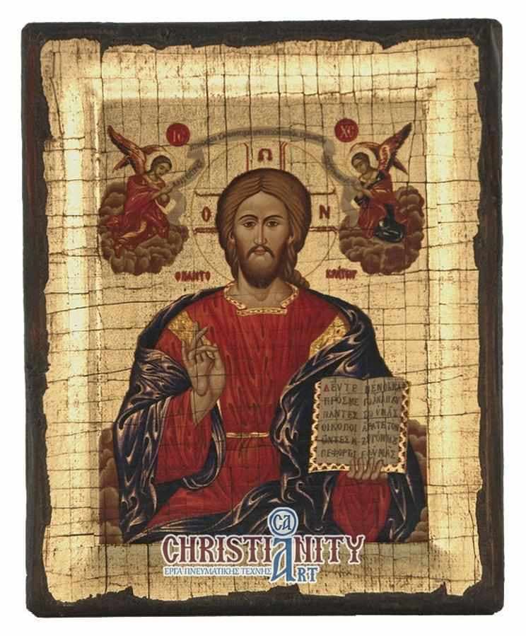 Christ Almighty - Engraved wooden aged image on canvas with golden background - Mount Athos — Paintings from Christianity Art