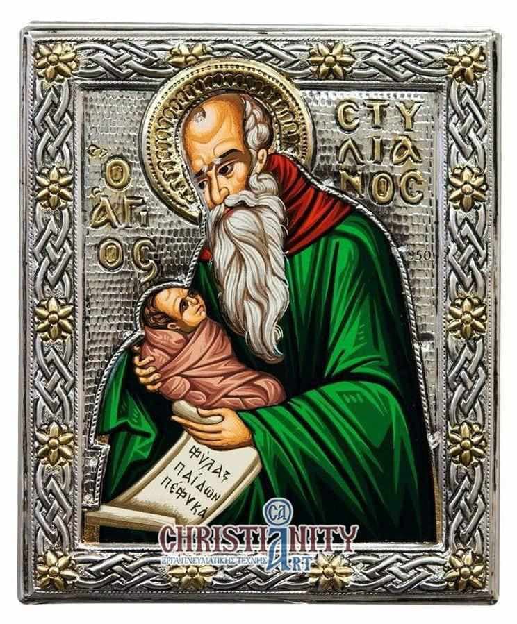 Saint Stylianos - Silver image on wood, locally gilded - Mount Athos — Wall reliefs from Christianity Art