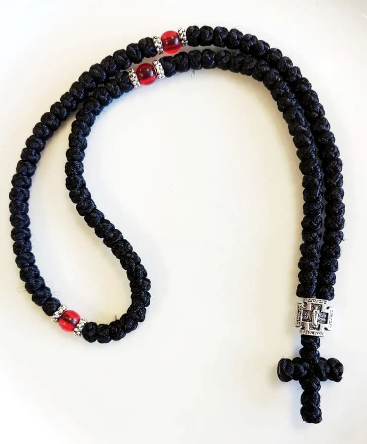 Athonite Waxed Prayer Rope with 100 Knots and Metal Cross – Black with Red Beads — Bracelets from Christianity Art