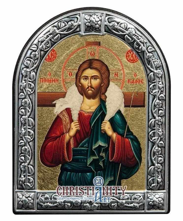 Christ Good Shepherd - Image in wood with indelible metal frame - Mount Athos — Wall reliefs from Christianity Art