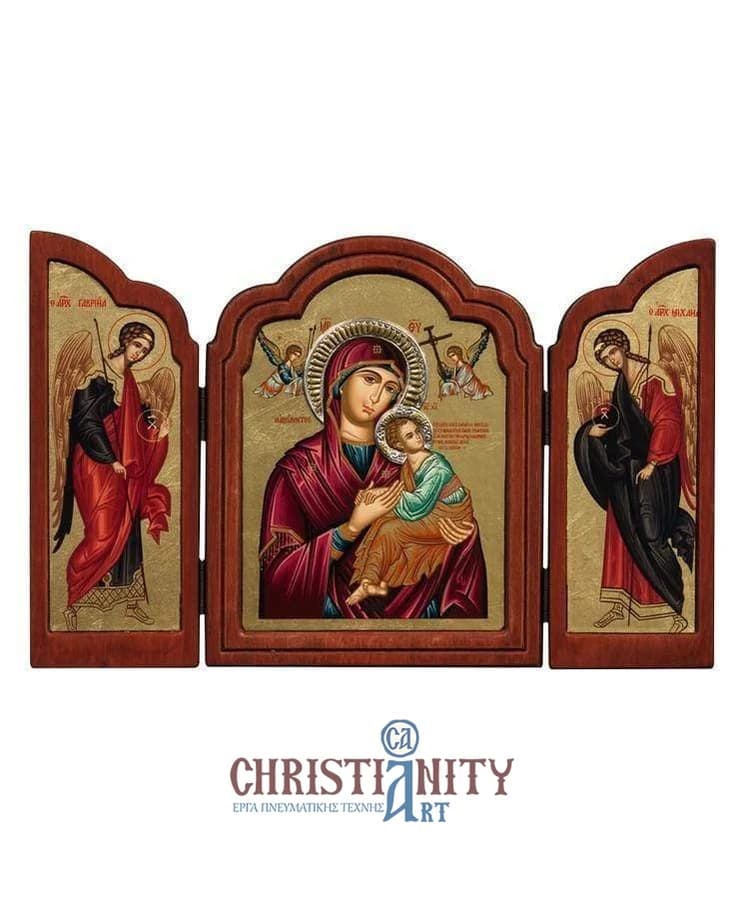 Virgin Mary of Passion - Old wooden icon triptych with silver halo locally gold plated - Mount Athos — Paintings from Christianity Art