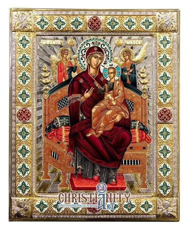 Virgin Mary Pantanassa - Silver image on wood, locally gilded and decorated with enamel - Mount Athos — Wall reliefs from Christianity Art