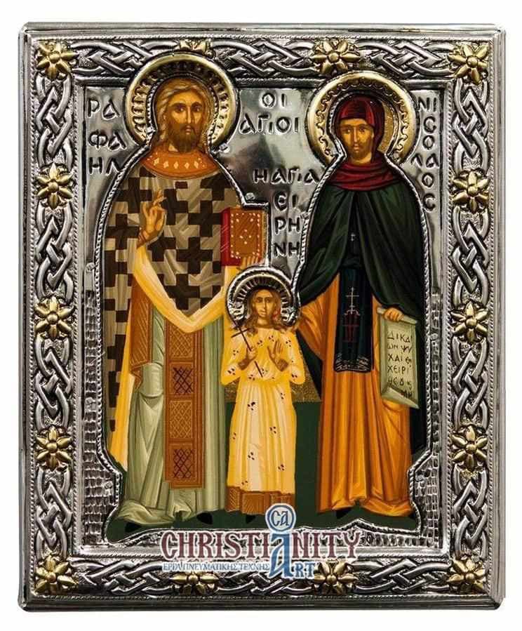 Saints Raphael Nicholas and Irene - Silver icon on wood, locally gilded - Mount Athos — Wall reliefs from Christianity Art