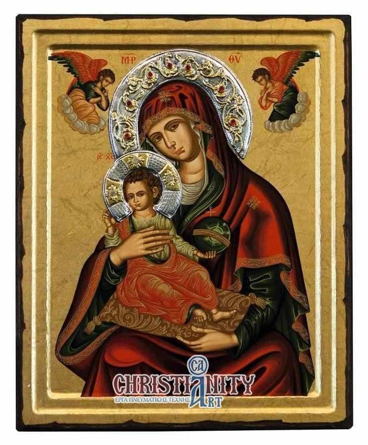 Virgin Mary Babykrateusa - Engraved wooden image with silver halo - Mount Athos — Paintings from Christianity Art