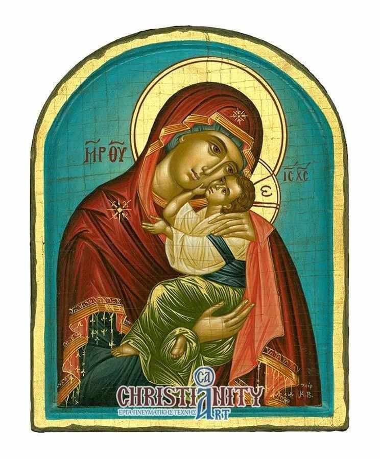 Virgin Mary Glykissousa - 100% handmade wooden image on canvas with golden background - Mount Athos — Paintings from Christianity Art