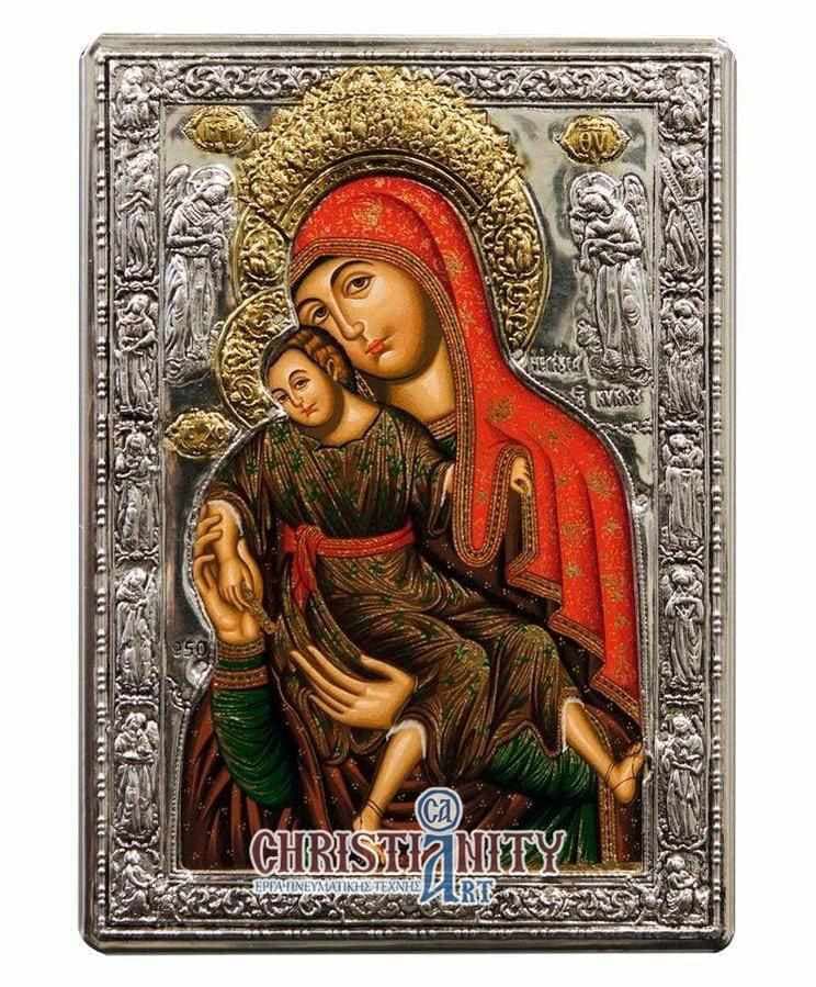 Virgin Mary Theotokos Elousa - Silver image on wood, locally gilded - Mount Athos — Wall reliefs from Christianity Art