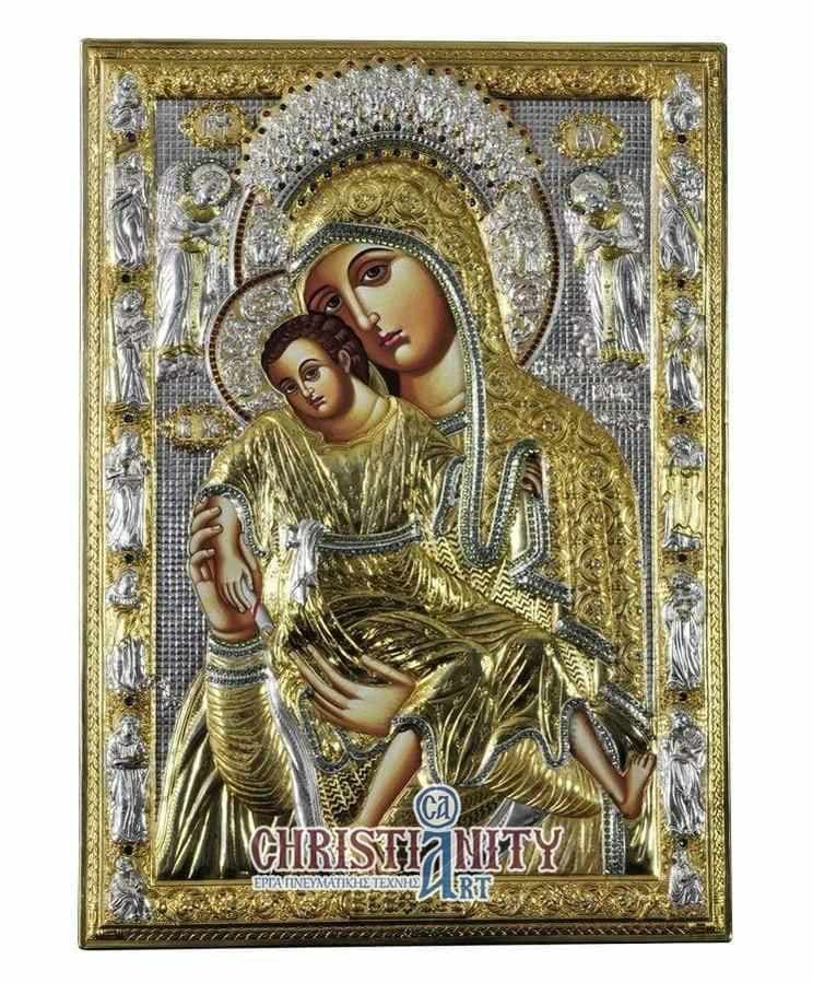 Virgin Mary Theotokos Elousa - Silver image on wood, locally gilded - Mount Athos — Wall reliefs from Christianity Art