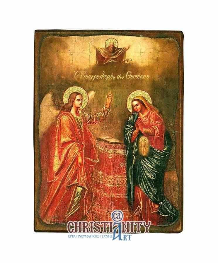 The Annunciation - Wooden aged image on canvas with golden background - Mount Athos — Paintings from Christianity Art