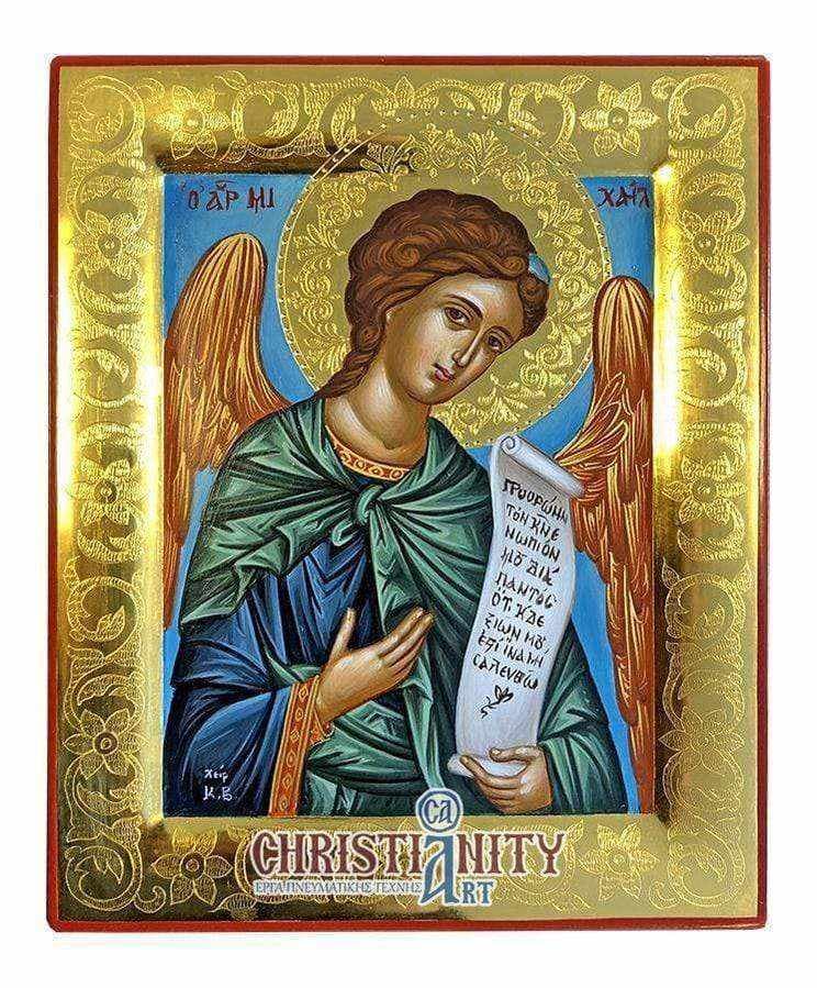 Archangel Michael - Stylvot 100% handmade image on canvas with gold background 24 carats on specially processed wood - Mount Athos — Paintings from Christianity Art