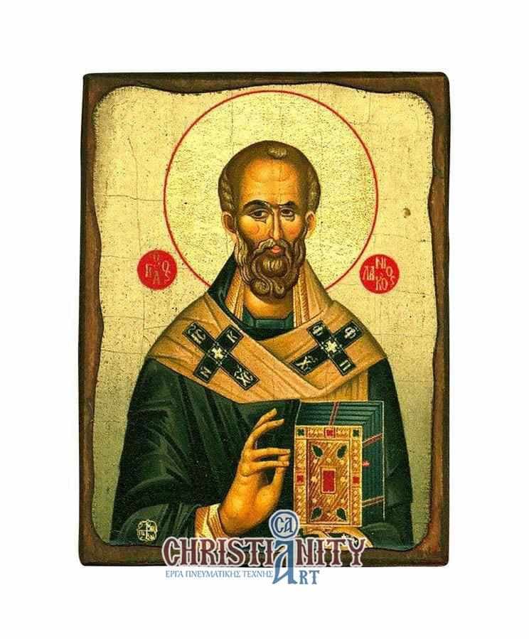 Saint Nikolaos - Wooden aged image on canvas with golden background - Mount Athos — Paintings from Christianity Art