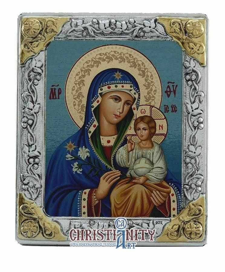 Virgin Mary of the Lilies - Silver image in wood, locally gilded - Mount Athos — Wall reliefs from Christianity Art