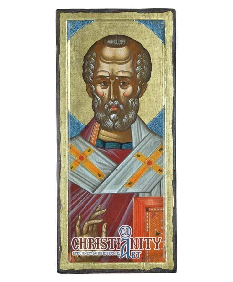Saint Nikolaos - 100% handmade wooden picture on canvas with gold background - Mount Athos — Paintings from Christianity Art