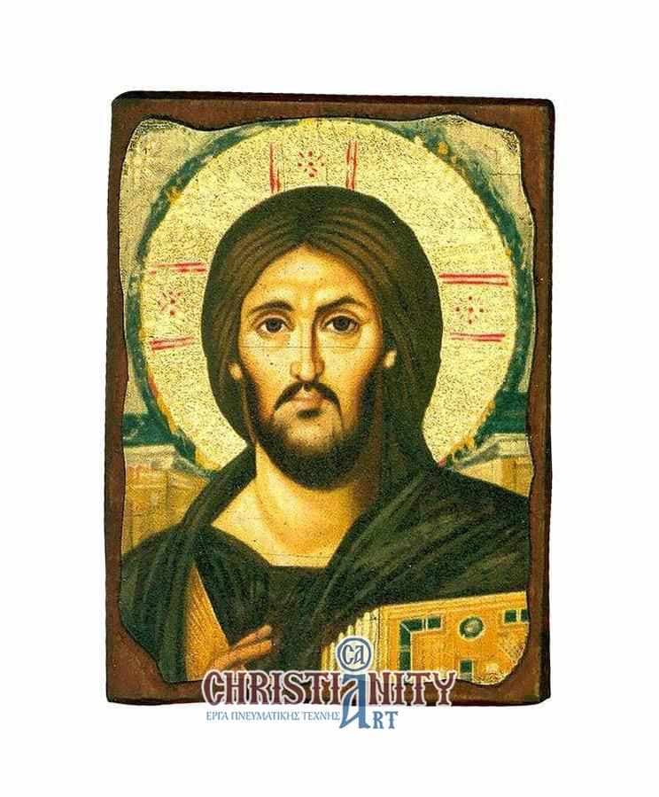 Christ Almighty - Wooden aged image on canvas with golden background - Mount Athos — Paintings from Christianity Art