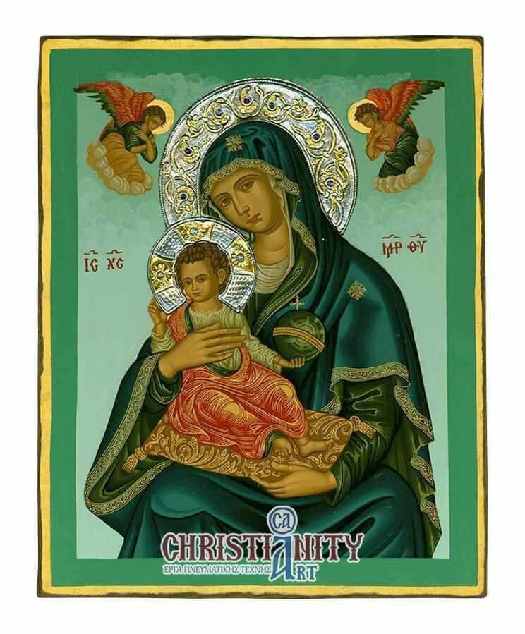 Virgin Mary Babykrateusa - Old wooden image with silver halo locally gilded - Mount Athos — Paintings from Christianity Art