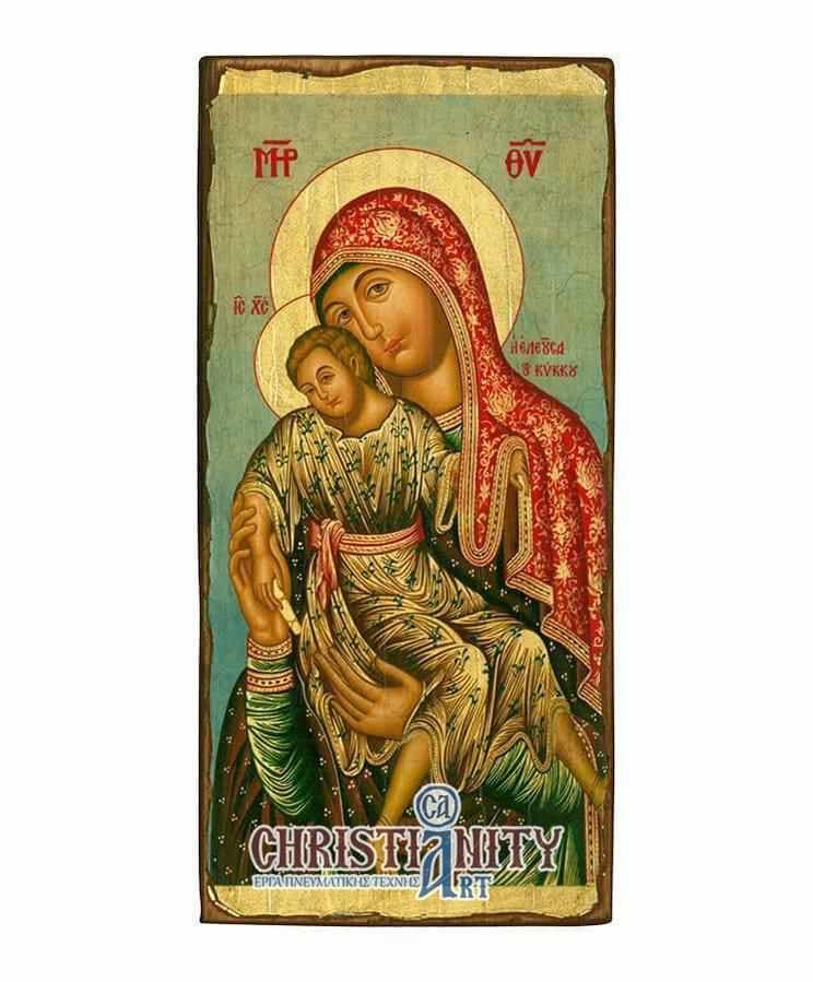 Virgin Mary Theotokos Elousa - Wooden aged image on canvas with golden background - Mount Athos — Paintings from Christianity Art