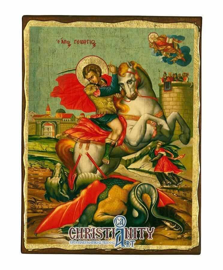 Saint George - Aged wooden image on canvas with gold background - Mount Athos — Paintings from Christianity Art
