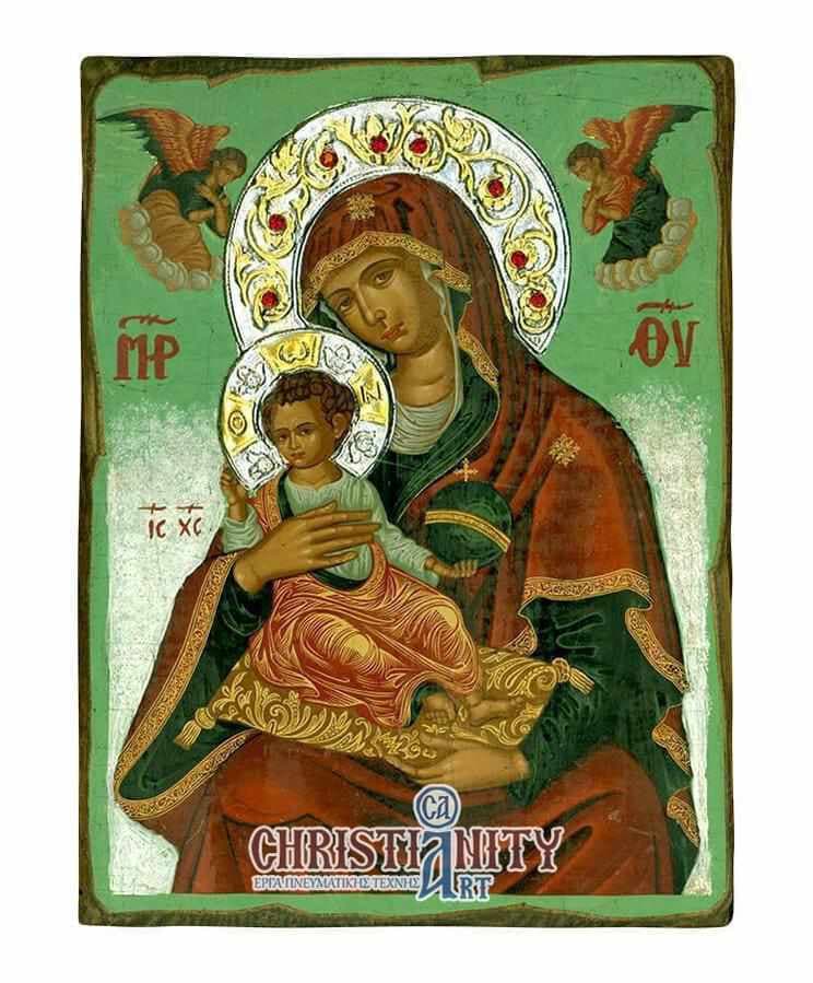 Virgin Mary Babykrateusa - Old wooden image with silver halo locally gilded - Mount Athos — Paintings from Christianity Art