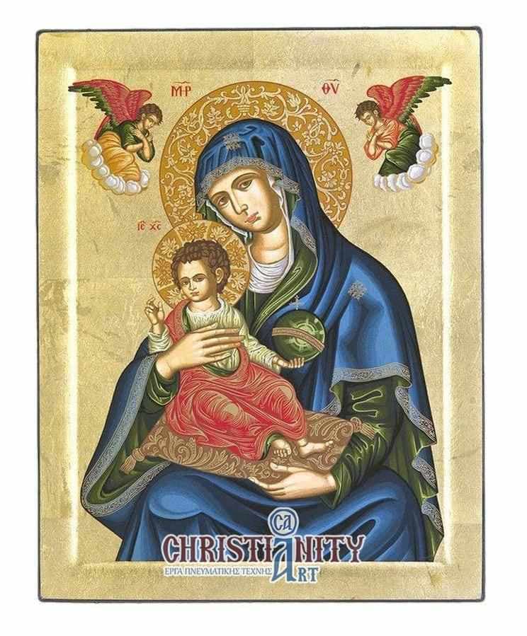 Virgin Mary Babykrateusa - Engraved wooden image on canvas with golden background - Mount Athos — Paintings from Christianity Art