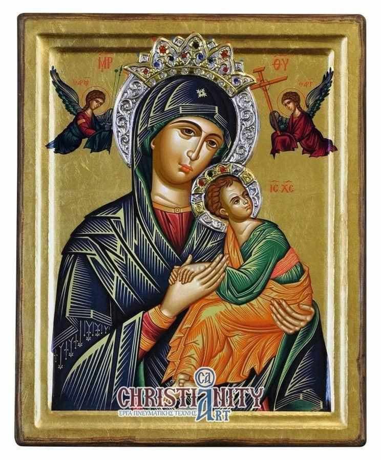 Virgin Mary Permanent Help - Engraved wooden image with silver halo - Mount Athos — Paintings from Christianity Art