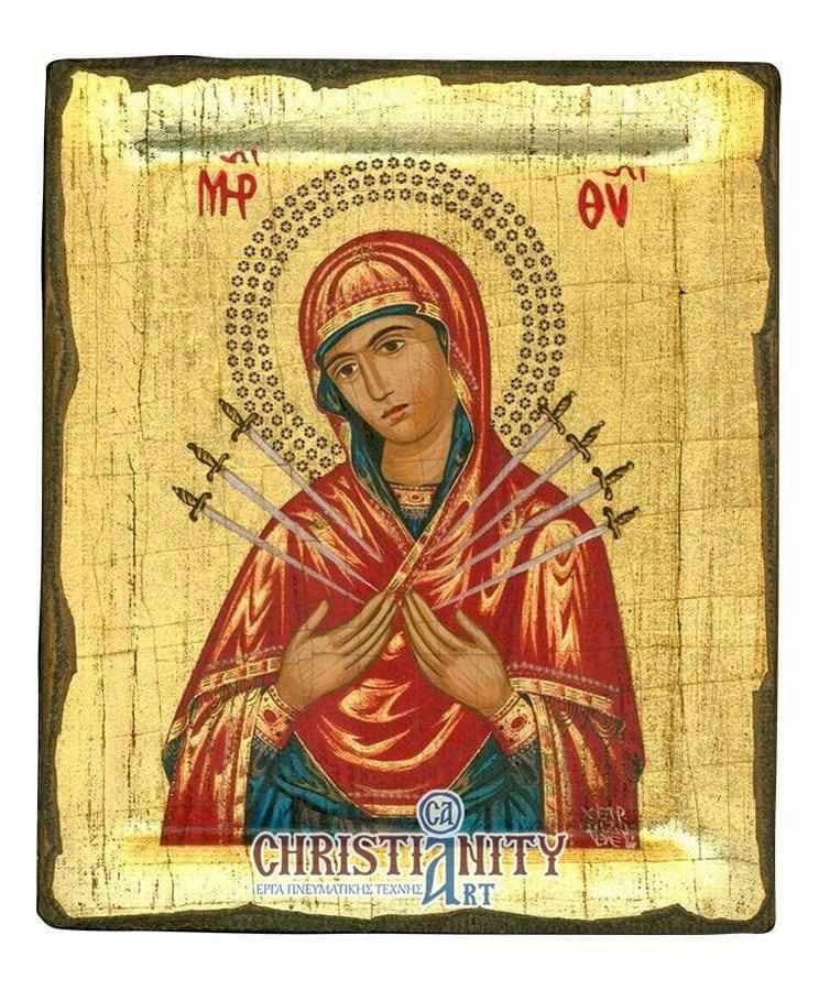 Virgin Mary with 7 Swords - Handmade icon of hagiography on aged wood - Mount Athos — Paintings from Christianity Art