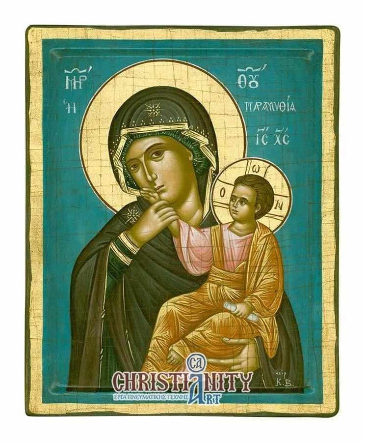 Virgin Mary Paramythia - 100% handmade wooden image on canvas with gold background - Mount Athos — Paintings from Christianity Art