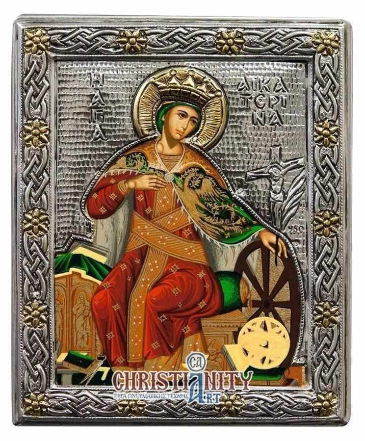 Saint Catherine - Silver icon on wood, locally gilded - Mount Athos — Wall reliefs from Christianity Art