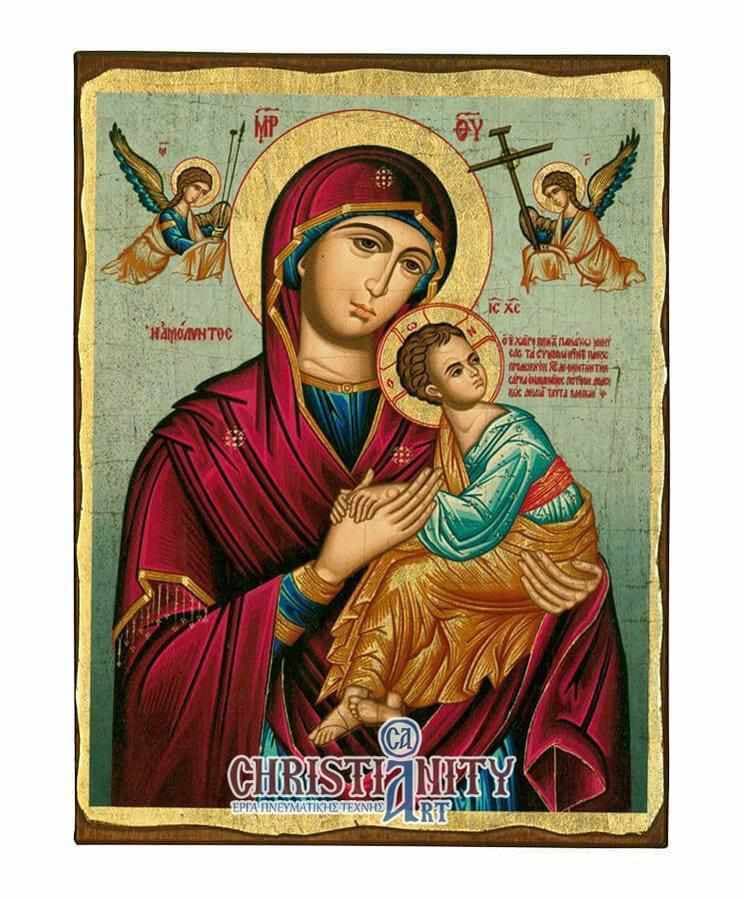 Virgin Mary of Passion - Wooden aged image on canvas with golden background - Mount Athos — Paintings from Christianity Art
