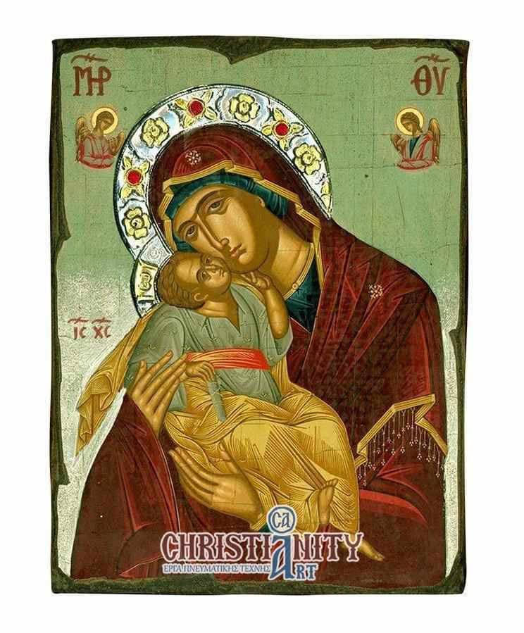 Virgin Mary Glylofilousa - Old wooden image with silver halo locally gold plated - Mount Athos — Paintings from Christianity Art