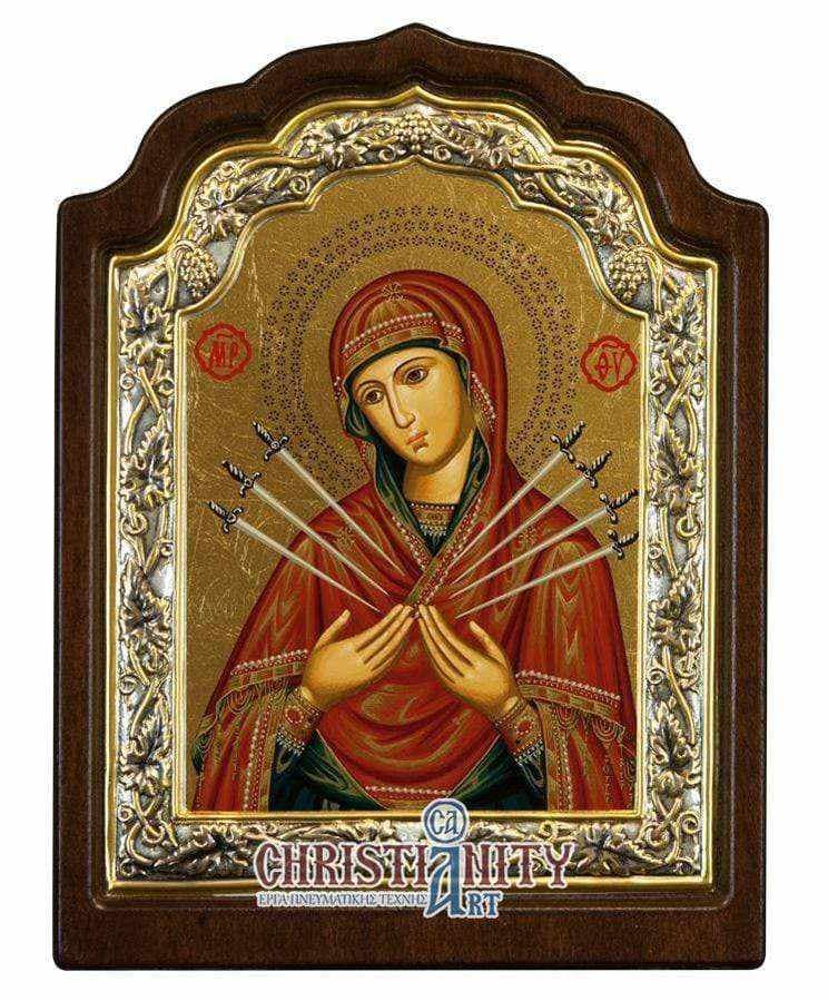 Virgin Mary with 7 Swords - Silver image on wood, locally gilded - Mount Athos — Wall reliefs from Christianity Art