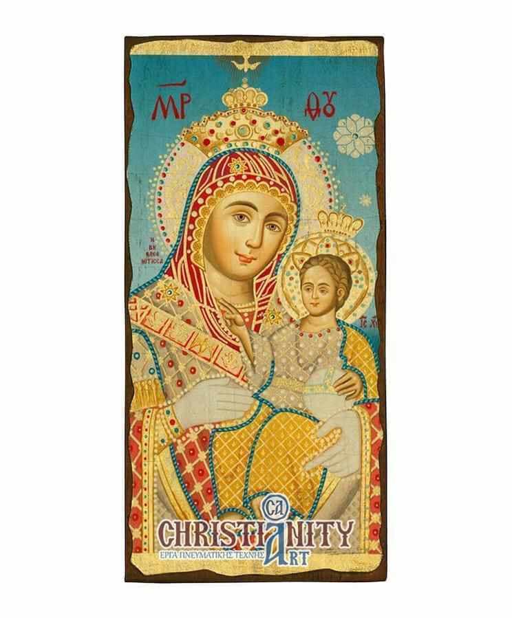 Virgin Mary Jerusalem - Wooden aged image on canvas with golden background - Mount Athos — Paintings from Christianity Art