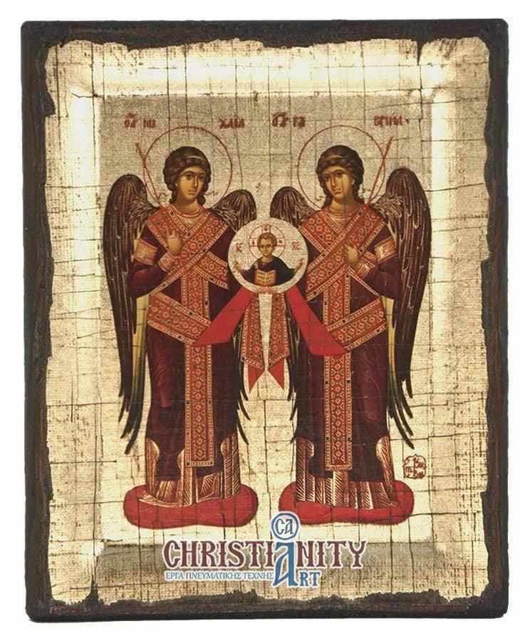 The Congregation of Archangels - Engraved wooden aged image on canvas with golden background - Mount Athos — Paintings from Christianity Art
