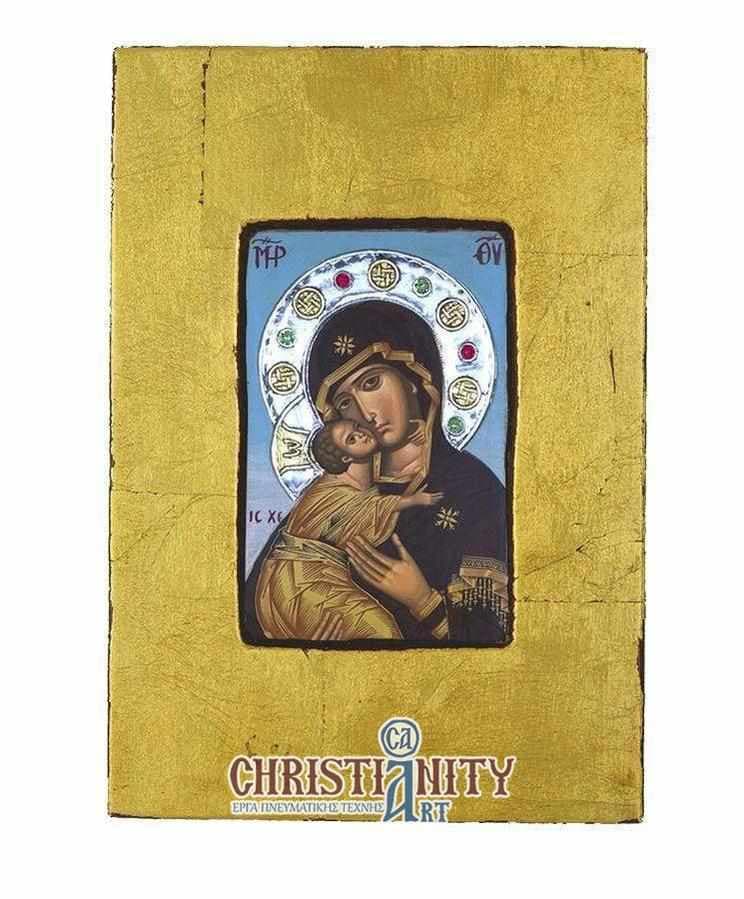Virgin Mary Vladimir - Old wooden image with silver halo locally gold plated - Mount Athos — Paintings from Christianity Art