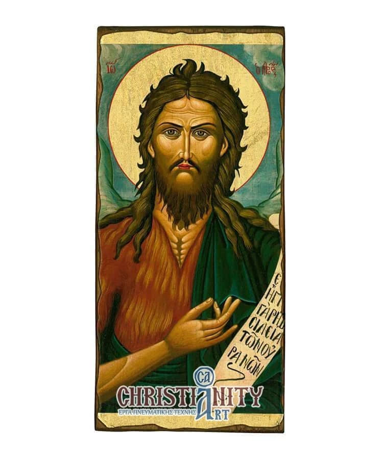 Saint Ioannis the Forerunner - Aged wooden image on canvas with gold background - Mount Athos — Paintings from Christianity Art